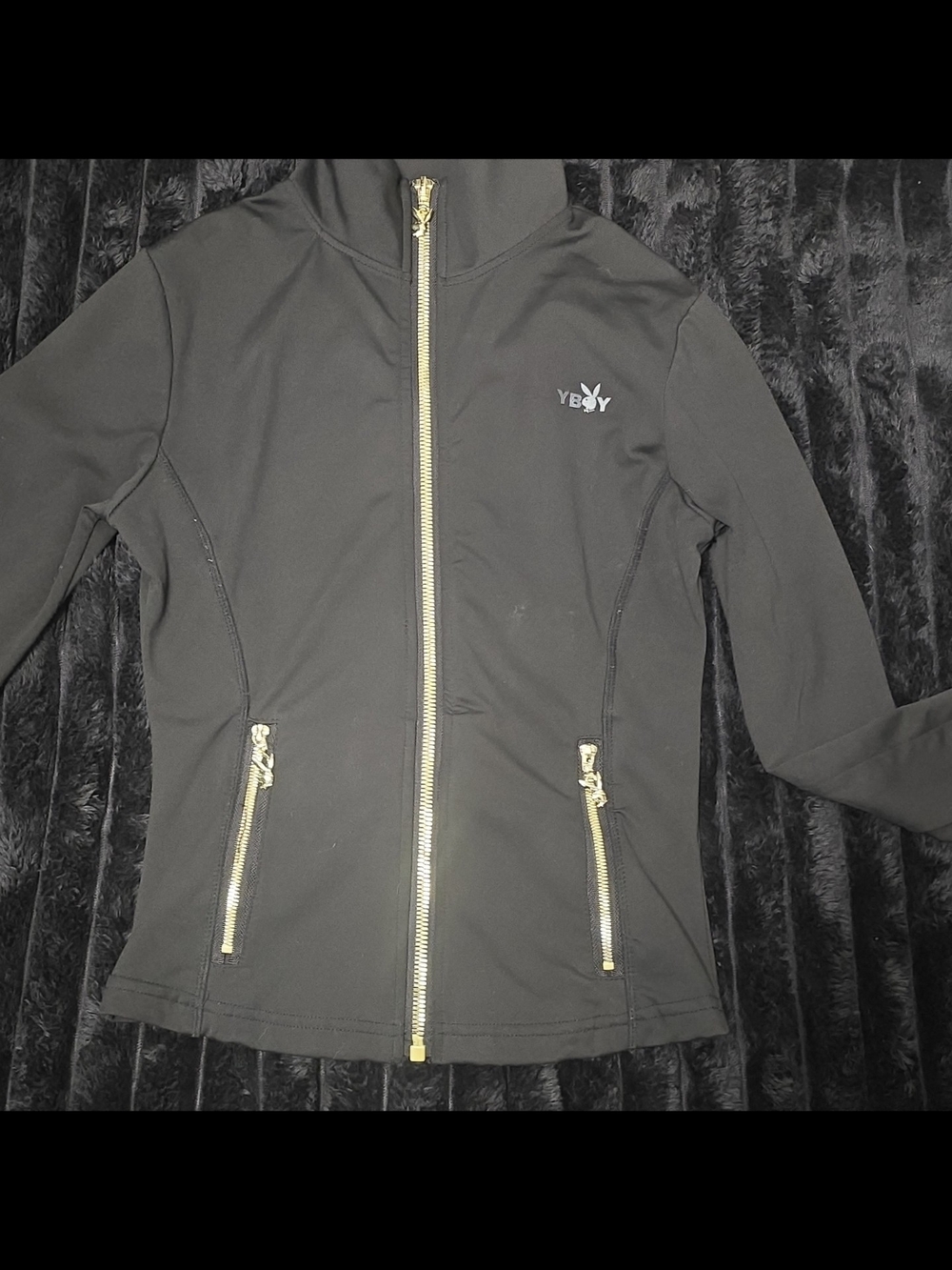 PLAYBOY Black Zip-Front Jacket with Gold Hardware